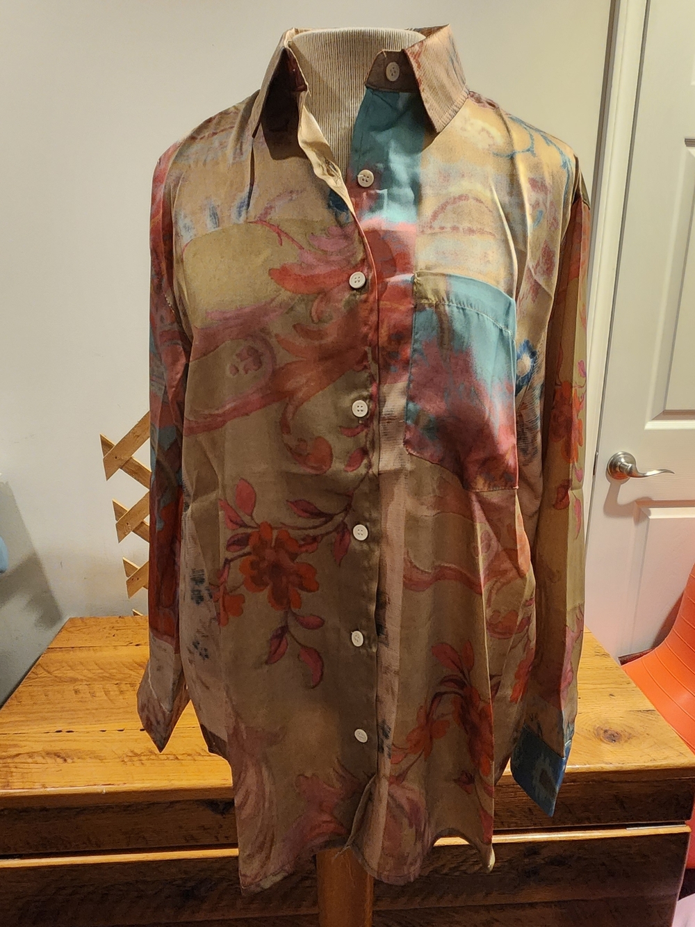 Painterly Floral Button-Down Blouse in Tan and Blue